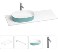 Раковина-столешница с чашей слева Wellsee Le.premier в наборе 4 в 1: раковина из камня с подвесной столешницей 110 см (цвет матовый бирюзовый/матовый белый), кронштейны, смеситель 202005773