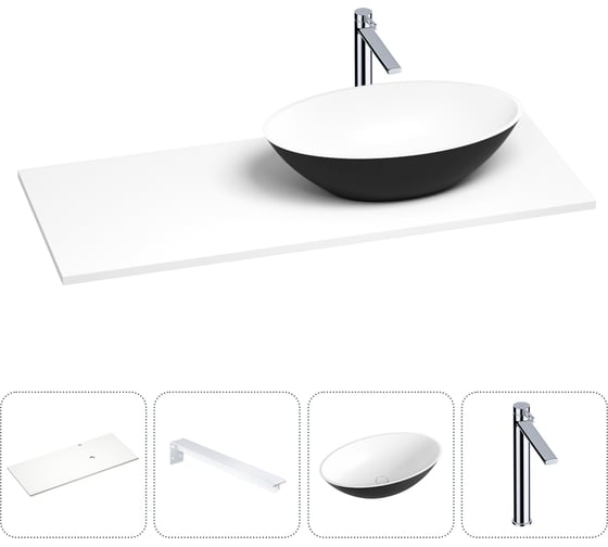 Раковина-столешница с чашей справа Wellsee Le.huit.mars в наборе 4 в 1: раковина из камня с подвесной столешницей 100 см (цвет матовый черный/матовый белый), кронштейны, смеситель 202005787 1