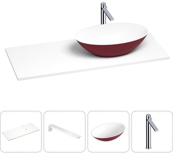 Раковина-столешница с чашей справа Wellsee Le.huit.mars в наборе 4 в 1: раковина из камня с подвесной столешницей 100 см (цвет матовый пурпурно-красный/матовый белый), кронштейны, смеситель 202005801 1