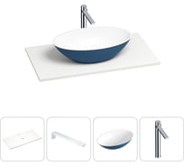 Раковина-столешница для ванной Wellsee Le.huit.mars в наборе 4 в 1: каменная раковина матового темно-синего/матового белого цвета, столешница 80 см, кронштейны, смеситель 202005811
