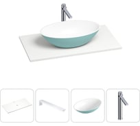 Раковина-столешница для ванной Wellsee Le.huit.mars в наборе 4 в 1: каменная раковина матового бирюзового/матового белого цвета, столешница 80 см, кронштейны, смеситель 202005825