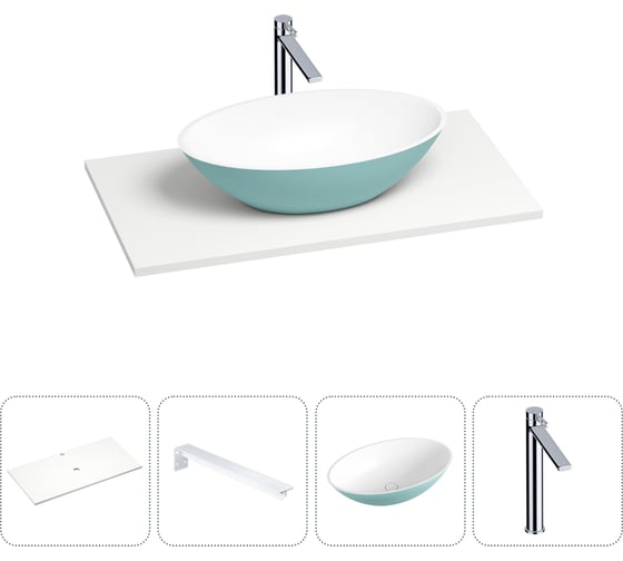 Раковина-столешница для ванной Wellsee Le.huit.mars в наборе 4 в 1: каменная раковина матового бирюзового/матового белого цвета, столешница 80 см, кронштейны, смеситель 202005825 1