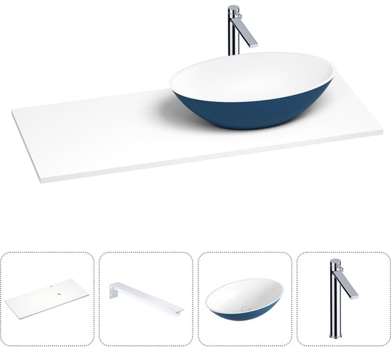 Раковина-столешница с чашей справа Wellsee Le.huit.mars в наборе 4 в 1: раковина из камня с подвесной столешницей 120 см (цвет матовый темно-синий/матовый белый), кронштейны, смеситель 202005820 1
