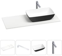Раковина-столешница с чашей справа Wellsee La.chance в наборе 4 в 1: раковина из камня с подвесной столешницей 110 см (цвет матовый черный/матовый белый), кронштейны, смеситель 202005845