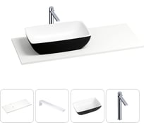 Раковина-столешница с чашей слева Wellsee La.chance в наборе 4 в 1: раковина из камня с подвесной столешницей 120 см (цвет матовый черный/матовый белый), кронштейны, смеситель 202005847