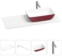 Раковина-столешница с чашей справа Wellsee La.chance в наборе 4 в 1: раковина из камня с подвесной столешницей 100 см (цвет матовый пурпурно-красный/матовый белый), кронштейны, смеситель 202005857