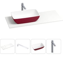 Раковина-столешница с чашей слева Wellsee La.chance в наборе 4 в 1: раковина из камня с подвесной столешницей 120 см (цвет матовый пурпурно-красный/матовый белый), кронштейны, смеситель 202005861
