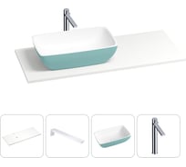 Раковина-столешница с чашей слева Wellsee La.chance в наборе 4 в 1: раковина из камня с подвесной столешницей 100 см (цвет матовый бирюзовый/матовый белый), кронштейны, смеситель 202005884