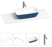 Раковина-столешница для ванной Wellsee La.chance в наборе 4 в 1: каменная раковина матового темно-синего/матового белого цвета, столешница 120 см, кронштейны, смеситель 202005874