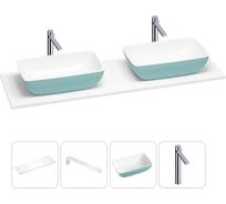Раковина-столешница Wellsee La.chance в наборе 4 в 1: две раковины из камня с подвесной столешницей 160 см (цвет матовый бирюзовый/матовый белый), кронштейны, смесители 202005894