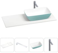Раковина-столешница с чашей справа Wellsee La.chance в наборе 4 в 1: раковина из камня с подвесной столешницей 110 см (цвет матовый бирюзовый/матовый белый), кронштейны, смеситель 202005887