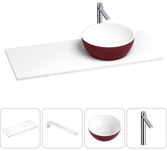 Раковина-столешница с чашей справа Wellsee La.lune в наборе 4 в 1: раковина из камня с подвесной столешницей 100 см (цвет матовый пурпурно-красный/матовый белый), кронштейны, смеситель 202005916 1