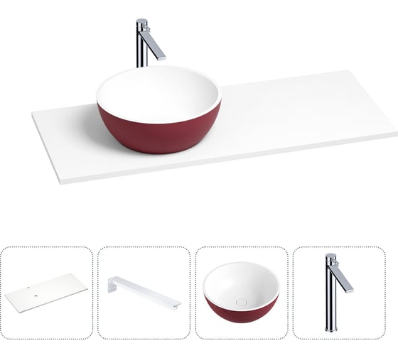 Раковина-столешница с чашей слева Wellsee La.lune в наборе 4 в 1: раковина из камня с подвесной столешницей 100 см (цвет матовый пурпурно-красный/матовый белый), кронштейны, смеситель 202005915 1