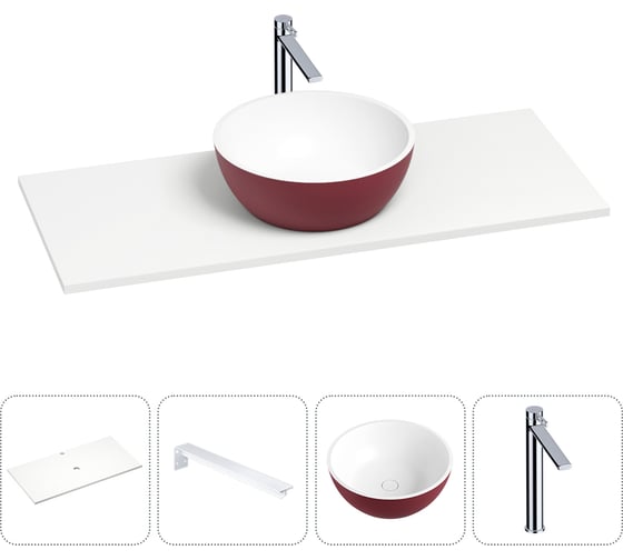 Раковина-столешница для ванной Wellsee La.lune в наборе 4 в 1: каменная раковина матового пурпурно-красного/матового белого цвета, столешница 100 см, кронштейны, смеситель 202005914 1