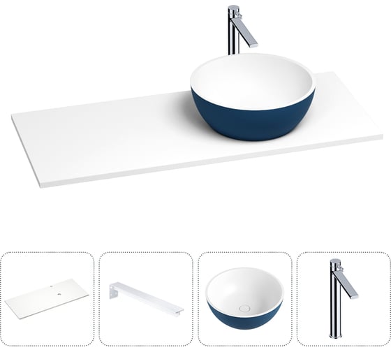 Раковина-столешница с чашей справа Wellsee La.lune в наборе 4 в 1: раковина из камня с подвесной столешницей 100 см (цвет матовый темно-синий/матовый белый), кронштейны, смеситель 202005933 1