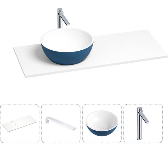 Раковина-столешница с чашей слева Wellsee La.lune в наборе 4 в 1: раковина из камня с подвесной столешницей 100 см (цвет матовый темно-синий/матовый белый), кронштейны, смеситель 202005932 1