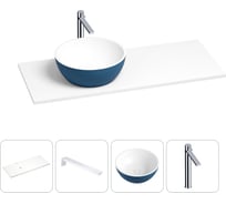 Раковина-столешница с чашей слева Wellsee La.lune в наборе 4 в 1: раковина из камня с подвесной столешницей 130 см (цвет матовый темно-синий/матовый белый), кронштейны, смеситель 202005940