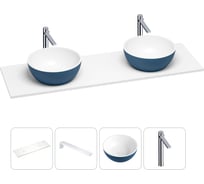 Раковина-столешница Wellsee La.lune в наборе 4 в 1: две раковины из камня с подвесной столешницей 120 см (цвет матовый темно-синий/матовый белый), кронштейны, смесители 202005939