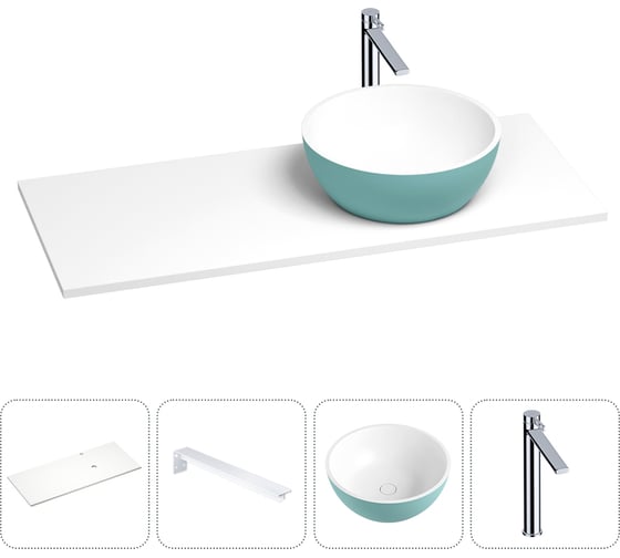 Раковина-столешница с чашей справа Wellsee La.lune в наборе 4 в 1: раковина из камня с подвесной столешницей 120 см (цвет матовый бирюзовый/матовый белый), кронштейны, смеситель 202005955 1