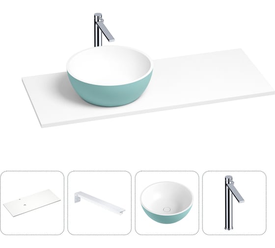 Раковина-столешница с чашей слева Wellsee La.lune в наборе 4 в 1: раковина из камня с подвесной столешницей 100 см (цвет матовый бирюзовый/матовый белый), кронштейны, смеситель 202005949 1