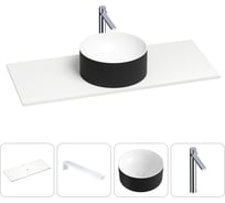 Раковина-столешница для ванной Wellsee Le.charme в наборе 4 в 1: каменная раковина матового черного/матового белого цвета, столешница 120 см, кронштейны, смеситель 202005970