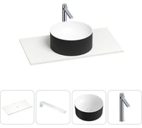 Раковина-столешница для ванной Wellsee Le.charme в наборе 4 в 1: каменная раковина матового черного/матового белого цвета, столешница 80 см, кронштейны, смеситель 202005963