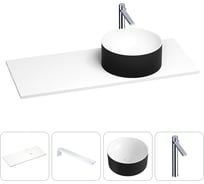 Раковина-столешница с чашей справа Wellsee Le.charme в наборе 4 в 1: раковина из камня с подвесной столешницей 120 см (цвет матовый черный/матовый белый), кронштейны, смеситель 202005972