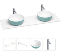 Раковина-столешница Wellsee La.lune в наборе 4 в 1: две раковины из камня с подвесной столешницей 160 см (цвет матовый бирюзовый/матовый белый), кронштейны, смесители 202005962