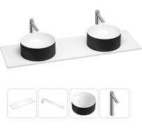 Раковина-столешница Wellsee Le.charme в наборе 4 в 1: две раковины из камня с подвесной столешницей 160 см (цвет матовый черный/матовый белый), кронштейны, смесители 202005979