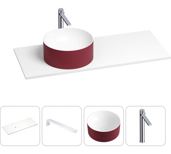 Раковина-столешница с чашей слева Wellsee Le.charme в наборе 4 в 1: раковина из камня с подвесной столешницей 130 см (цвет матовый пурпурно-красный/матовый белый), кронштейны, смеситель 202005991 1