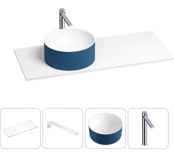 Раковина-столешница с чашей слева Wellsee Le.charme в наборе 4 в 1: раковина из камня с подвесной столешницей 120 см (цвет матовый темно-синий/матовый белый), кронштейны, смеситель 202006005 1