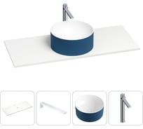 Раковина-столешница для ванной Wellsee Le.charme в наборе 4 в 1: каменная раковина матового темно-синего/матового белого цвета, столешница 120 см, кронштейны, смеситель 202006004