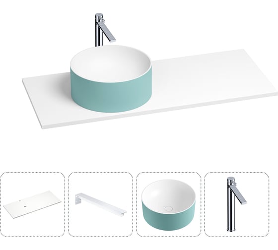Раковина-столешница с чашей слева Wellsee Le.charme в наборе 4 в 1: раковина из камня с подвесной столешницей 120 см (цвет матовый бирюзовый/матовый белый), кронштейны, смеситель 202006022 1