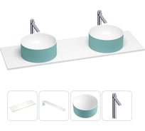 Раковина-столешница Wellsee Le.charme в наборе 4 в 1: две раковины из камня с подвесной столешницей 150 см (цвет матовый бирюзовый/матовый белый), кронштейны, смесители 202006029
