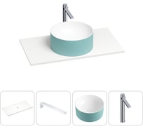 Раковина-столешница для ванной Wellsee Le.charme в наборе 4 в 1: каменная раковина матового бирюзового/матового белого цвета, столешница 80 см, кронштейны, смеситель 202006014