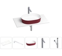 Раковина-столешница для ванной Wellsee Le.premier в наборе 5 в 1: каменная раковина матового пурпурно-красного/матового белого цвета, столешница 80 см, кронштейны, смеситель, сифон 202006046