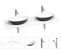 Раковина-столешница Wellsee Le.huit.mars в наборе 5 в 1: две раковины из камня с подвесной столешницей 150 см (цвет матовый черный/матовый белый), кронштейны, смесители, сифоны 202006103