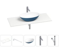 Раковина-столешница для ванной Wellsee Le.huit.mars в наборе 5 в 1: каменная раковина матового темно-синего/матового белого цвета, столешница 100 см, кронштейны, смеситель, сифон 202006121