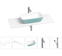 Раковина-столешница для ванной Wellsee La.chance в наборе 5 в 1: каменная раковина матового бирюзового/матового белого цвета, столешница 100 см, кронштейны, смеситель, сифон 202006191