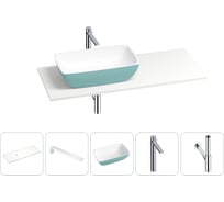 Раковина Wellsee La.chance в наборе 5 в 1: раковина из камня с подвесной столешницей 130 см (цвет матовый бирюзовый/матовый белый), кронштейны, смеситель, сифон 202006199