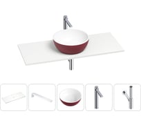 Раковина-столешница для ванной Wellsee La.lune в наборе 5 в 1: каменная раковина матового пурпурно-красного/матового белого цвета, столешница 120 см, кронштейны, смеситель, сифон 202006227