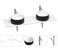 Раковина-столешница Wellsee Le.charme в наборе 5 в 1: две раковины из камня с подвесной столешницей 140 см (цвет матовый черный/матовый белый), кронштейны, смесители, сифоны 202006285