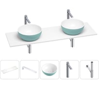 Раковина-столешница Wellsee La.lune в наборе 5 в 1: две раковины из камня с подвесной столешницей 160 см (цвет матовый бирюзовый/матовый белый), кронштейны, смесители, сифоны 202006270