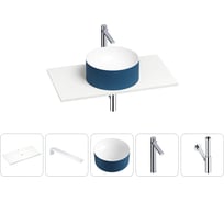 Раковина-столешница для ванной Wellsee Le.charme в наборе 5 в 1: каменная раковина матового темно-синего/матового белого цвета, столешница 90 см, кронштейны, смеситель, сифон 202006306