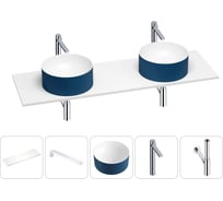 Раковина-столешница Wellsee Le.charme в наборе 5 в 1: две раковины из камня с подвесной столешницей 150 см (цвет матовый темно-синий/матовый белый), кронштейны, смесители, сифоны 202006320