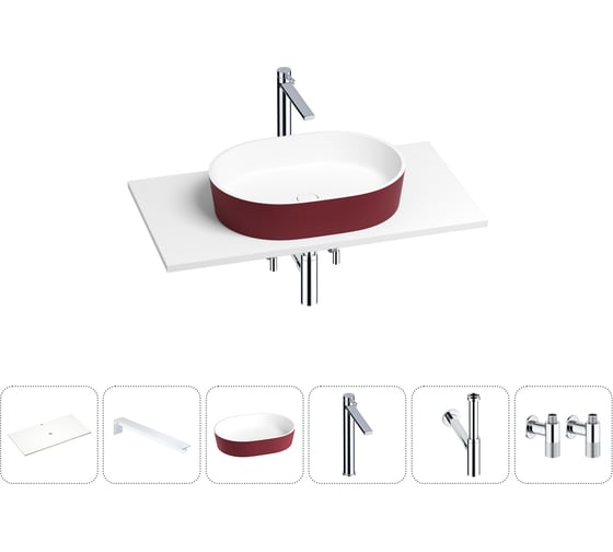 Раковина-столешница Wellsee Le.premier в наборе 6 в 1: каменная раковина матового пурпурно-красного/матового белого цвета, столешница 80 см, кронштейны, смеситель, сифон, вентили 202006354 1