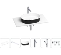 Раковина-столешница Wellsee Le.premier в наборе 6 в 1: каменная раковина матового черного/матового белого цвета, столешница 90 см, кронштейны, смеситель, сифон, вентили 202006340