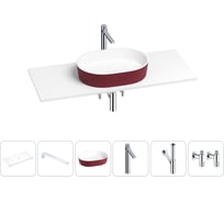 Раковина-столешница Wellsee Le.premier в наборе 6 в 1: каменная раковина матового пурпурно-красного/матового белого цвета, столешница 100 см, кронштейны, смеситель, сифон, вентили 202006356