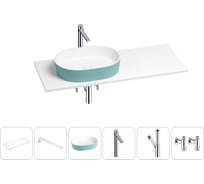 Раковина Wellsee Le.premier в наборе 6 в 1: раковина из камня с подвесной столешницей 110 см (цвет матовый бирюзовый/матовый белый), кронштейны, смеситель, сифон, вентили 202006389