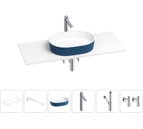 Раковина-столешница Wellsee Le.premier в наборе 6 в 1: каменная раковина матового темно-синего/матового белого цвета, столешница 120 см, кронштейны, смеситель, сифон, вентили 202006376